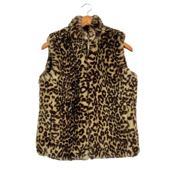 GUESS Reversible Faux Fur Leopard Vest Olive Green Zip Women's Sz S Y2K - Picture 3 of 9
